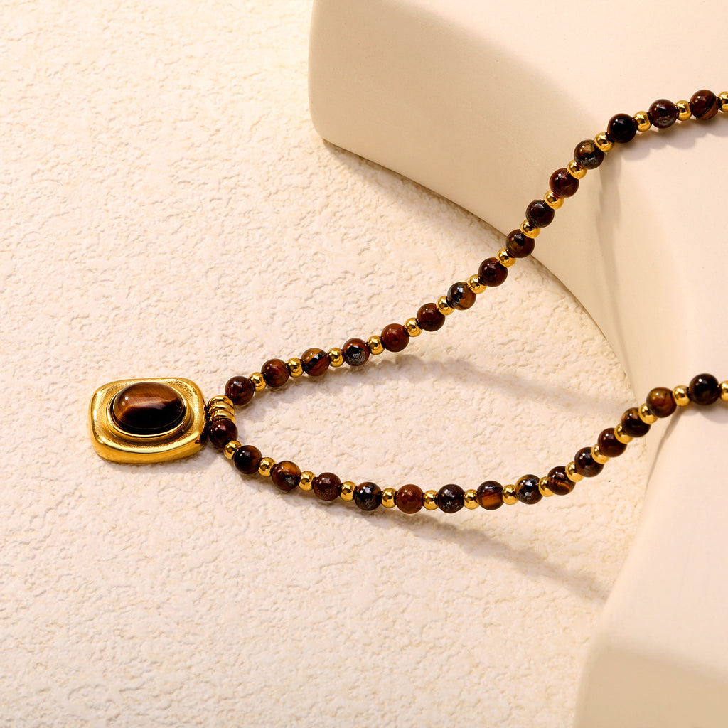 Damen elegante Halskette aus hochwertigen Tigeraugen-Perlen mit feinen goldplattierten Details Shop Nory