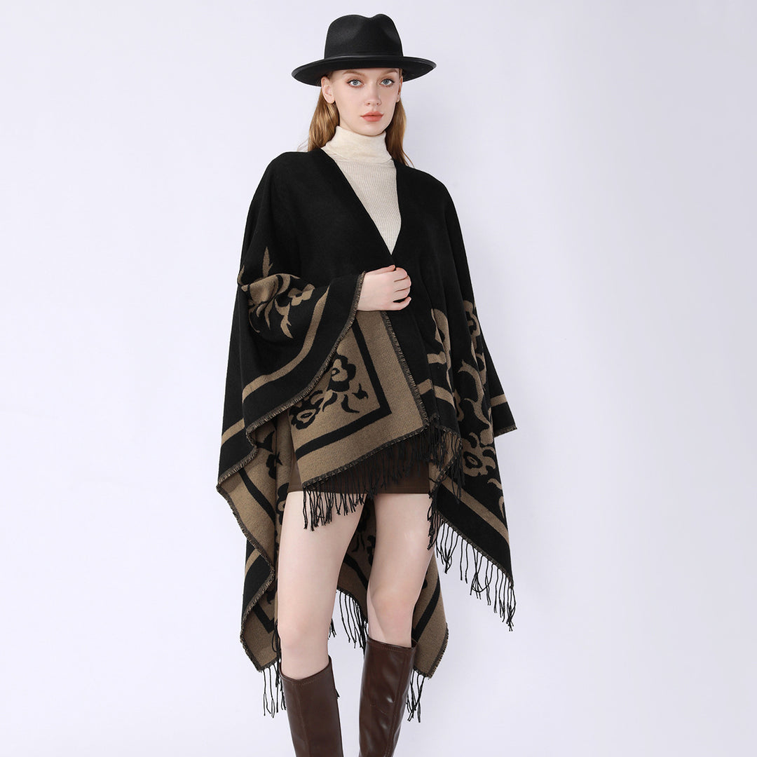 Damen Umhangponcho mit floralen Jacquard-Panels und Fransensaum Shop Nory