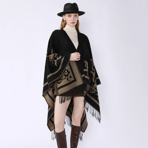 Damen Umhangponcho mit floralen Jacquard-Panels und Fransensaum Shop Nory