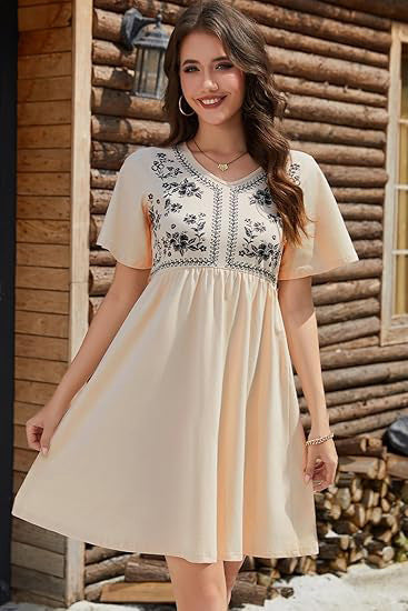 Damen Besticktes Empire-Kleid mit V-Ausschnitt, Kurzärmeln und ausgestelltem Rock Shop Nory