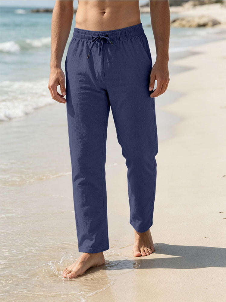 Herren Leichte Leinen-Baumwoll-Hose mit Tunnelzug, elastischem Bund und geradem Schnitt Shop Nory
