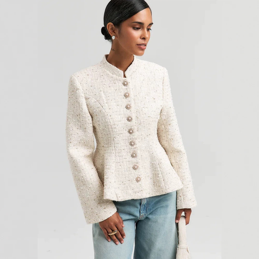 Damen Bouclé-Blazer mit Stehkragen und taillierter Schößchen-Silhouette Shop Nory