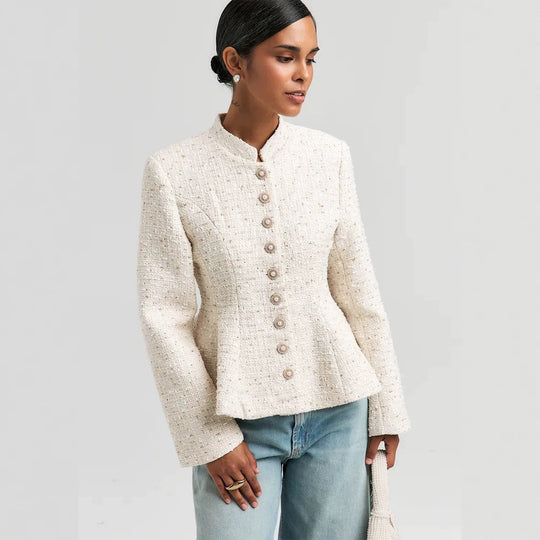Damen Bouclé-Blazer mit Stehkragen und taillierter Schößchen-Silhouette Shop Nory