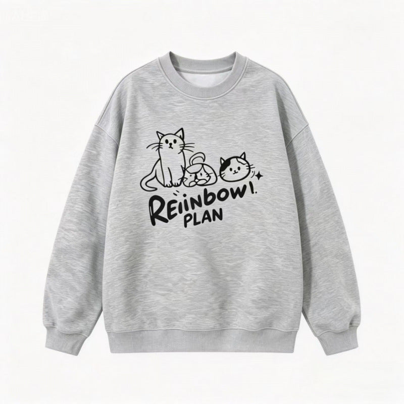 Unisex Oversize Baumwoll-Sweatshirt mit Katzenprint, Rundhalsausschnitt und Rippbündchen Shop Nory