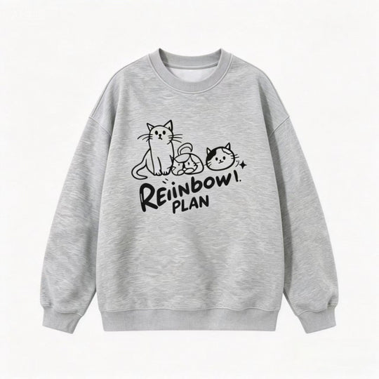 Unisex Oversize Baumwoll-Sweatshirt mit Katzenprint, Rundhalsausschnitt und Rippbündchen Shop Nory