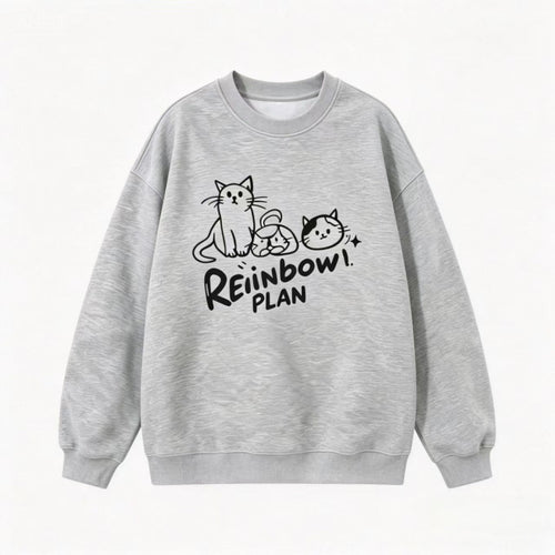 Unisex Oversize Baumwoll-Sweatshirt mit Katzenprint, Rundhalsausschnitt und Rippbündchen Shop Nory