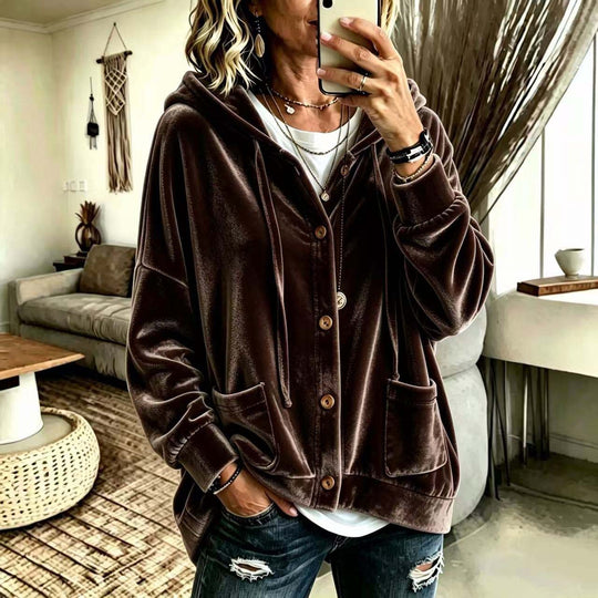 Damen Oversize Kapuzen-Samtjacke mit Knopfleiste und aufgesetzten Taschen Shop Nory