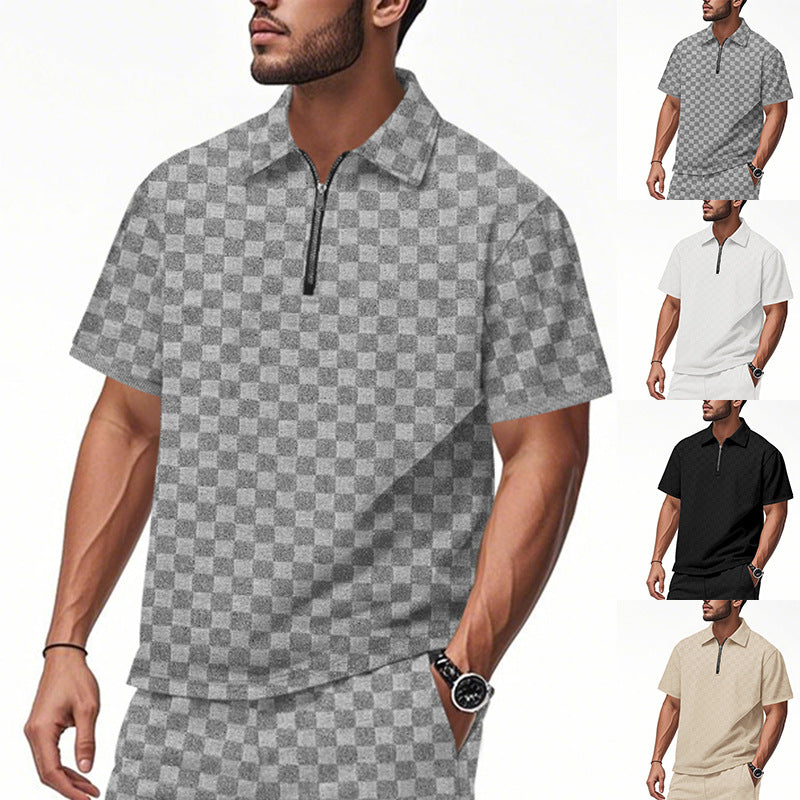 Herren nan kurzes Halbzip-Poloshirt aus strukturierter Waffelpiqué mit Hemdkragen und figurbetonter Passform Shopnory