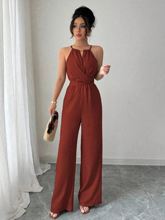 Damen Ärmelloser Neckholder-Jumpsuit mit Wickeloberteil und weitem Bein Shop Nory