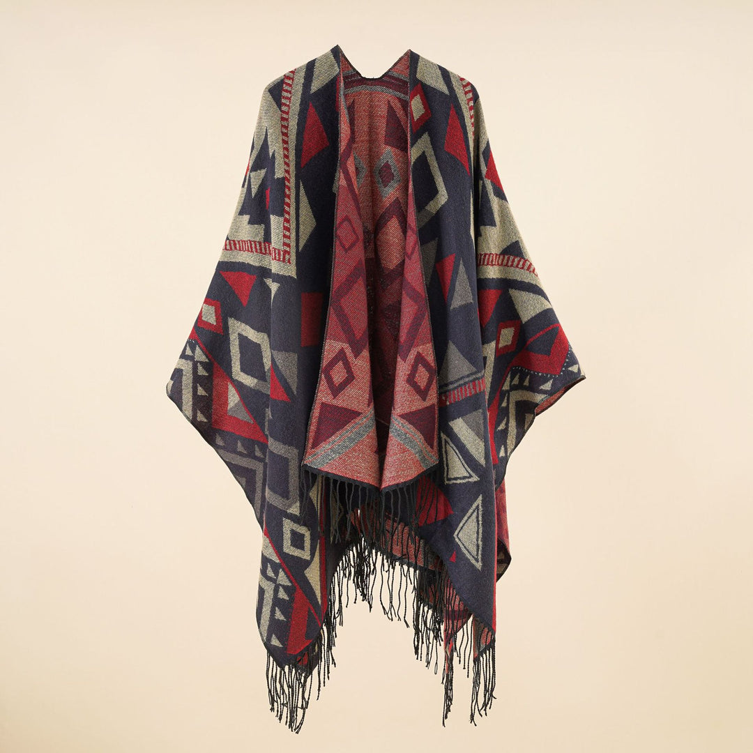 Damen Gewebter Ruana-Umhang aus Wollmix mit grafischem Ethno-Jacquard und langen Fransen Shop Nory