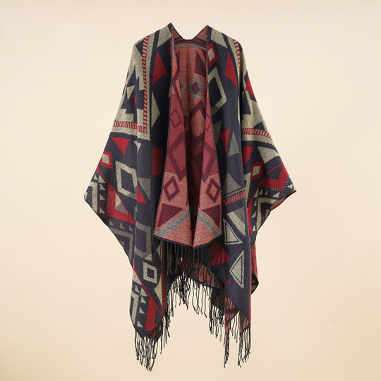 Damen Gewebter Ruana-Umhang aus Wollmix mit grafischem Ethno-Jacquard und langen Fransen Shop Nory