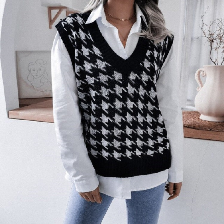 Damen Oversize Strickweste mit Hahnentritt-Muster und V-Ausschnitt Shop Nory