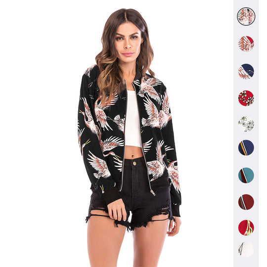 Damen Bedruckte Bomberjacke mit Kranich‑Motiv, Reißverschluss & Rippbündchen Shop Nory