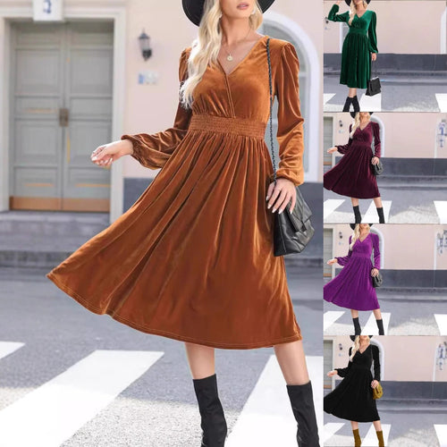 Damen Midikleid aus Samt mit V-Ausschnitt, geraffter Smock-Taille und langen Ballonärmeln Shop Nory
