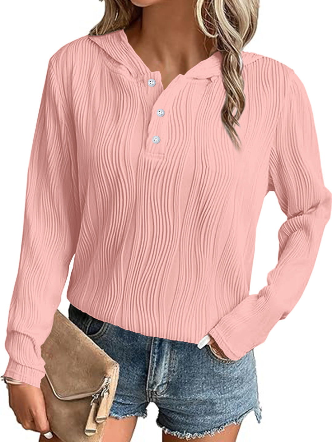 Damen Geripptes Kapuzen-Henleyshirt mit Knopfleiste und leichter Struktur Shop Nory