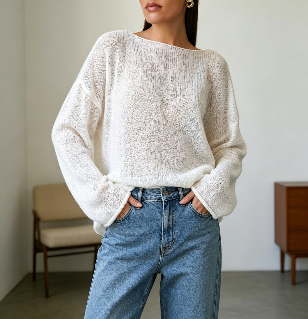 Damen luftiger Oversize-Feinstrickpullover mit weitem Arm und Rundhalsausschnitt Shop Nory