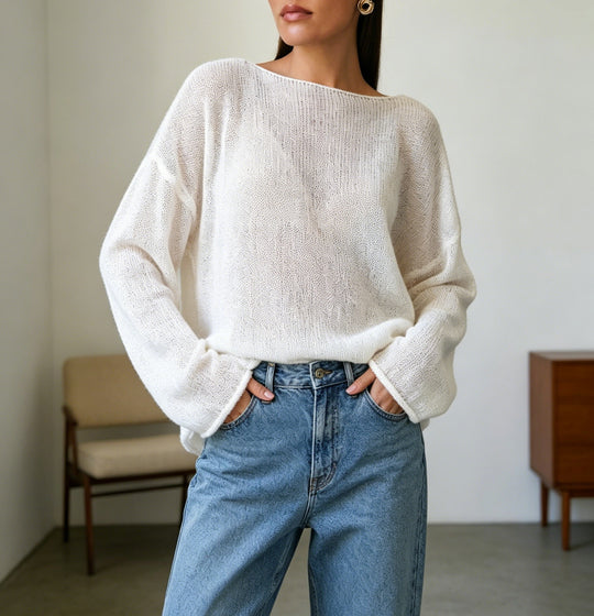 Damen luftiger Oversize-Feinstrickpullover mit weitem Arm und Rundhalsausschnitt Shop Nory