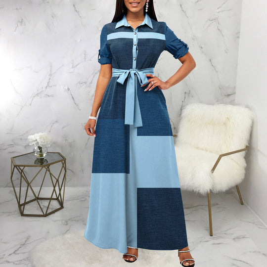 Damen Maxikleid Hemdblusenstil mit Taillengürtel und Blockpatch-Design Shop Nory