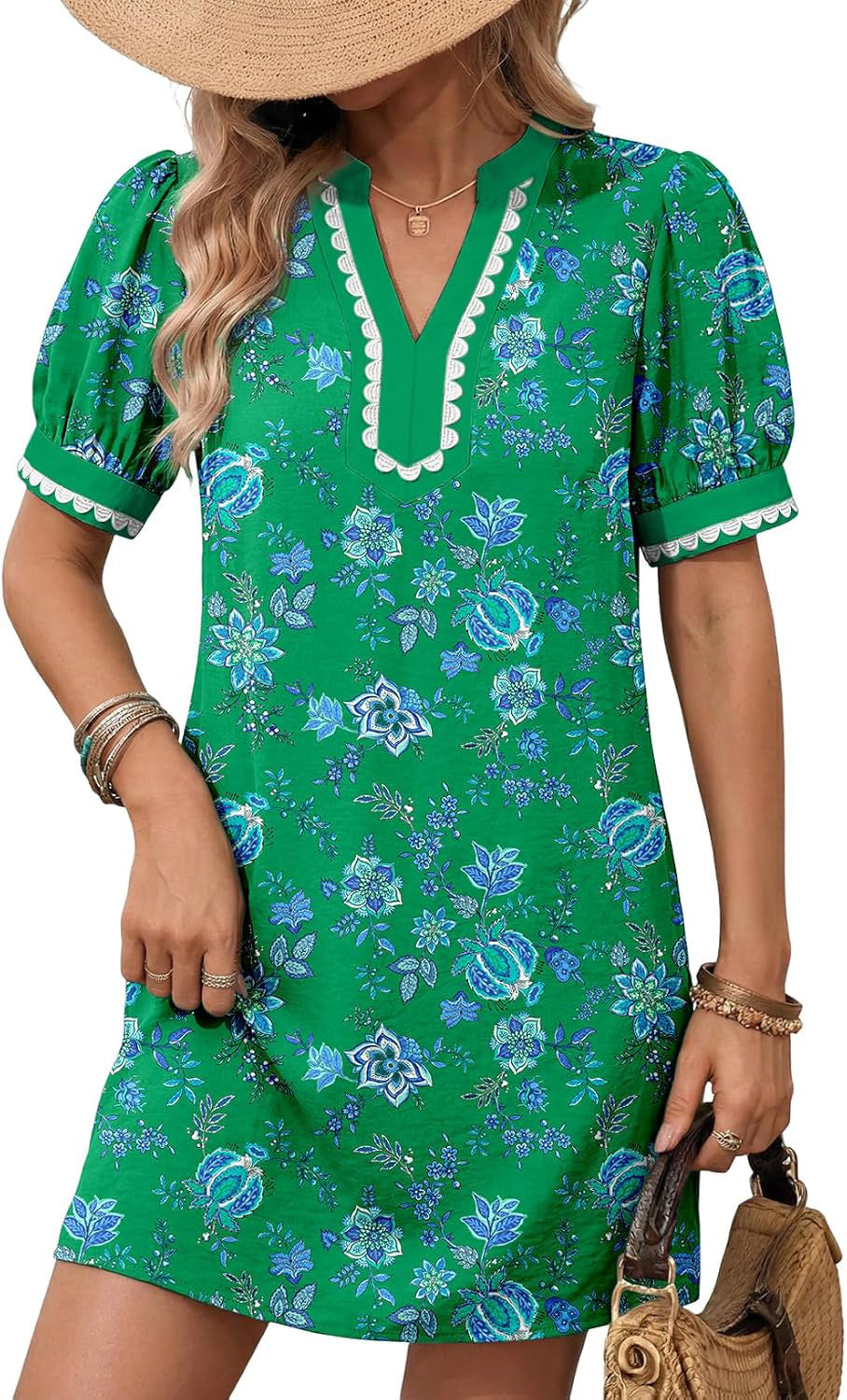Damen Lockeres A-Linien Minikleid mit Puffärmeln, V‑Notch und kontrastierter Zierborte Shop Nory