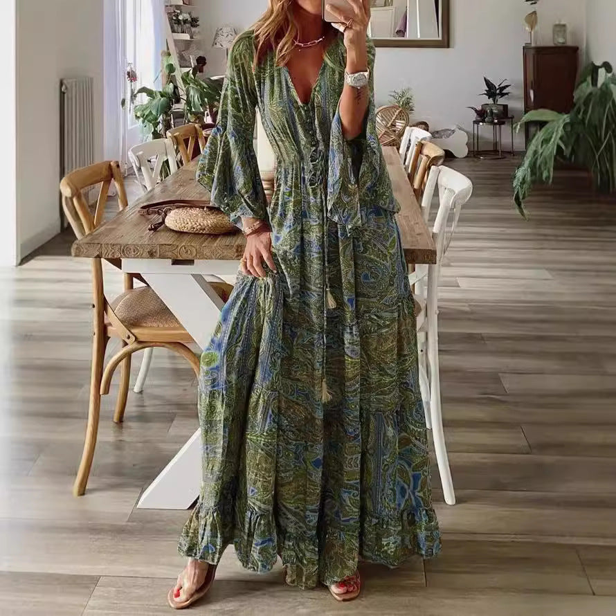 Damen Boho Maxikleid mit Paisley-Print, V-Ausschnitt, Stufenrock und Bindegürtel Shop Nory