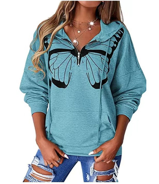 Damen Kapuzenpullover mit halbhohem Reißverschluss und Schmetterlingsprint Shop Nory
