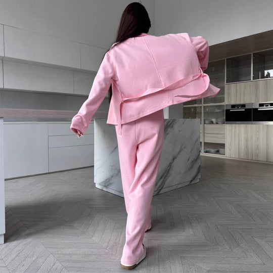 Damen Zweiteiliges Loungewear-Set mit tailliertem Blouson, Bindegürtel und weiter Palazzo-Hose Shop Nory