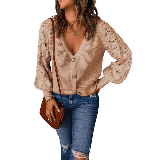 Damen Strickcardigan mit V-Ausschnitt, Zierknopfleiste und Ajourballonärmeln Shop Nory