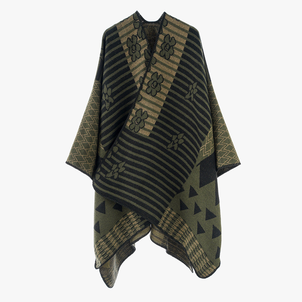 Damen Vielseitiger Strickponcho im Patchwork-Jacquard mit V-Ausschnitt und asymmetrischem Zipfelsaum Shop Nory