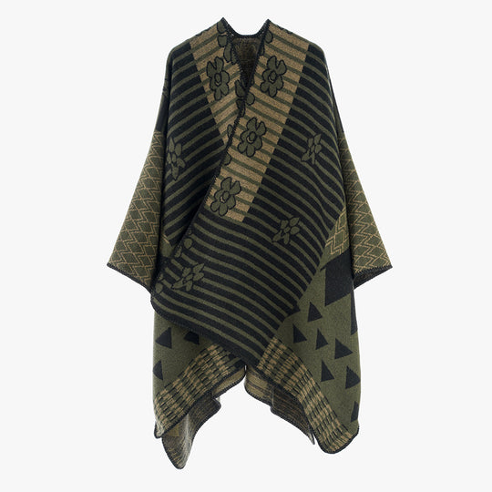 Damen Vielseitiger Strickponcho im Patchwork-Jacquard mit V-Ausschnitt und asymmetrischem Zipfelsaum Shop Nory