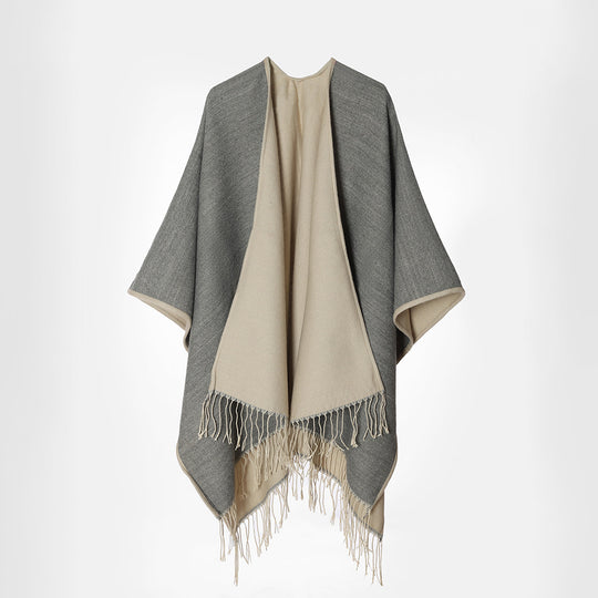 Damen Zweilagiger Oversize-Cape mit Fransen und offenem Wasserfall-Schnitt Shop Nory