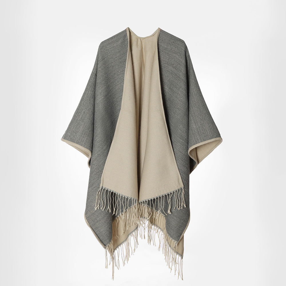 Damen Reversibler Capeponcho im Layer‑Look mit Fransen und kastigem Oversize‑Fall Shop Nory