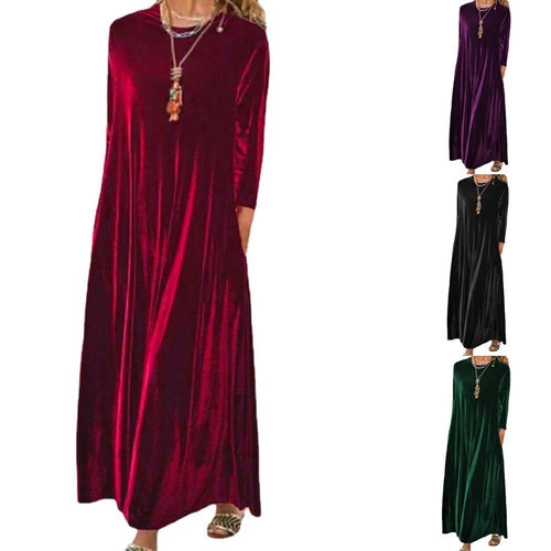 Damen Langes samtiges Maxikleid mit Rundhalsausschnitt, halblangen Ärmeln und seitlichen Taschen Shop Nory