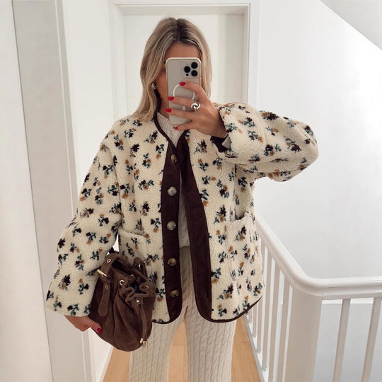 Damen Teddy-Fleecejacke mit Blumendruck, Cordleiste, Pattentaschen und übergroßem Spitzenkragen Shop Nory