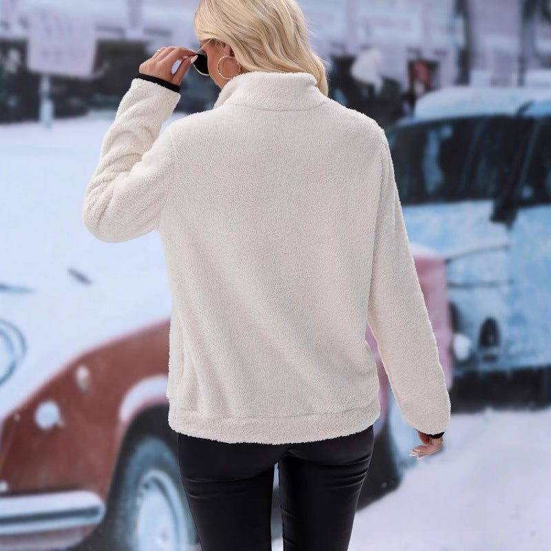 Damen flauschiger Fleece-Kuschelpullover mit halbem Reißverschluss, Kängurutasche und Stehkragen Shop Nory