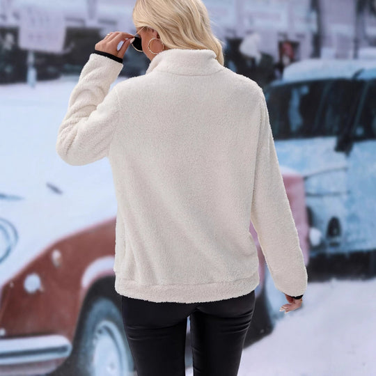 Damen flauschiger Fleece-Kuschelpullover mit halbem Reißverschluss, Kängurutasche und Stehkragen Shop Nory