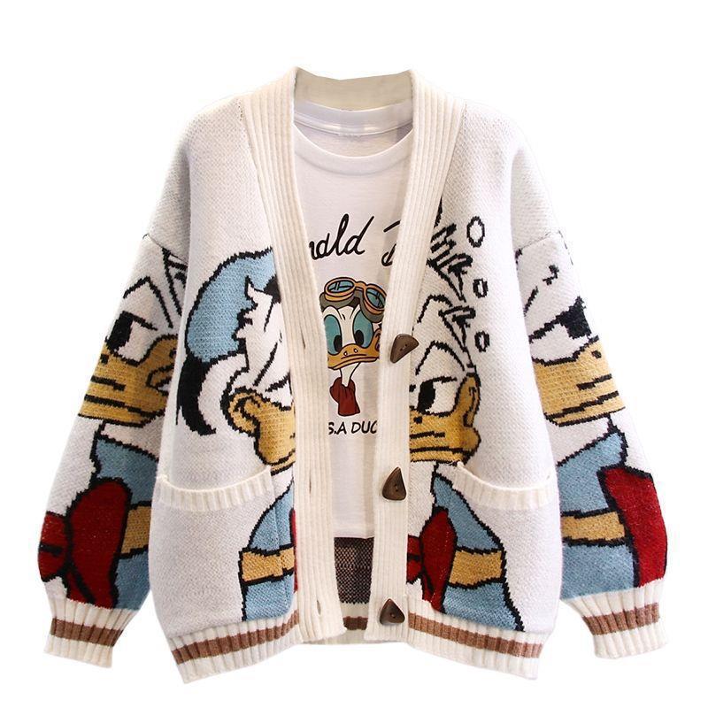 Damen Oversize-Strickcardigan mit Comic-Jacquardmuster und aufgesetzten Taschen Shop Nory