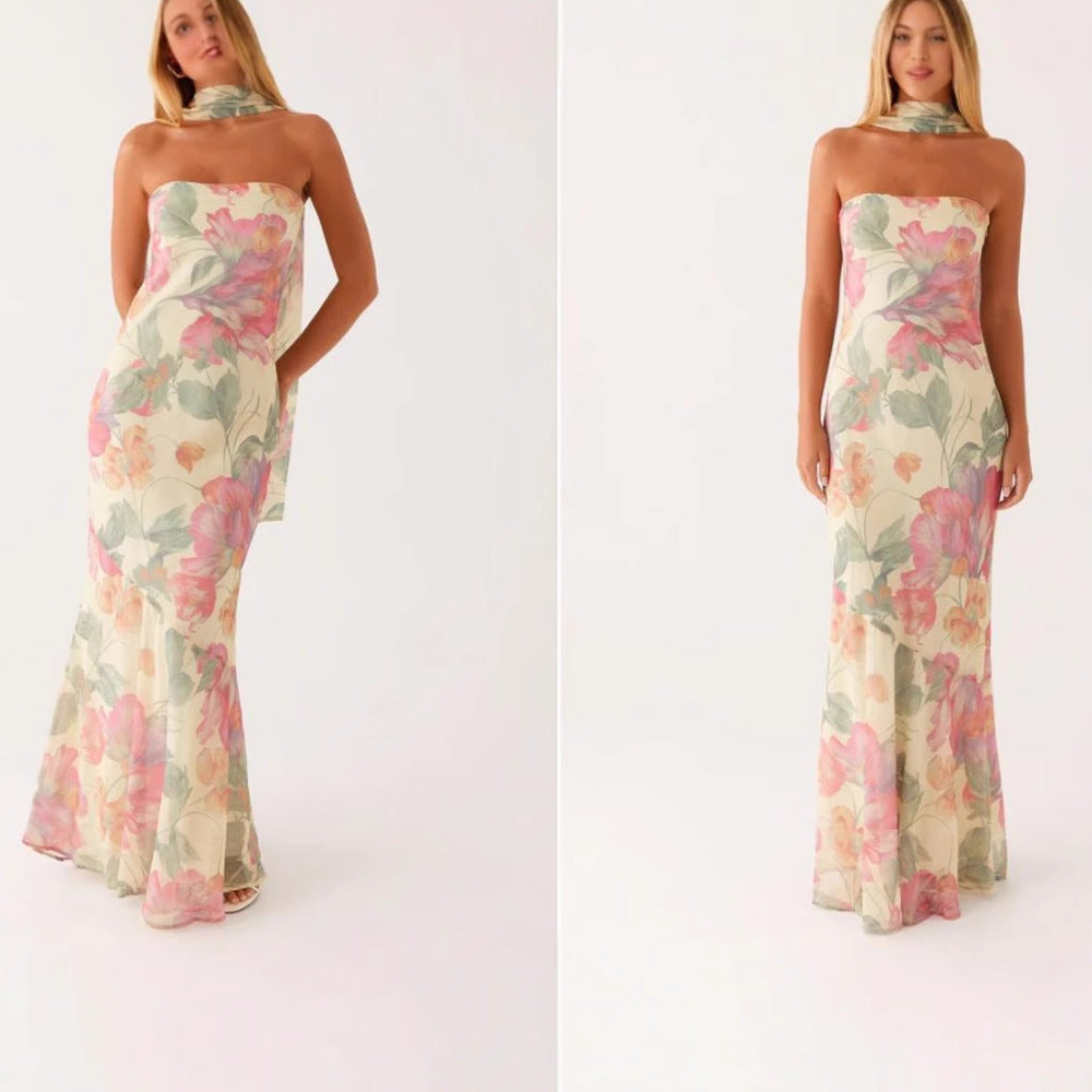 Damen Elegantes Langarm Abendkleid im Blumendesign
