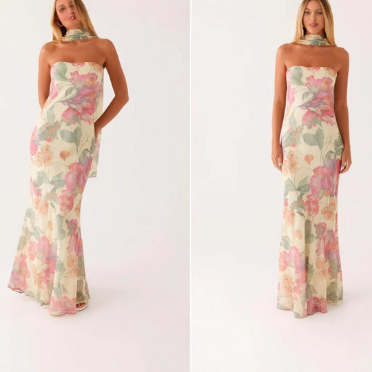 Damen Elegantes Langarm Abendkleid im Blumendesign