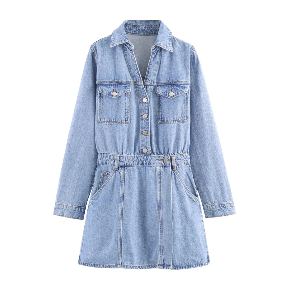 Damen Tailliertes Jeanskleid mit Bindegürtel, Hemdblusenkragen und Pattentaschen Shop Nory
