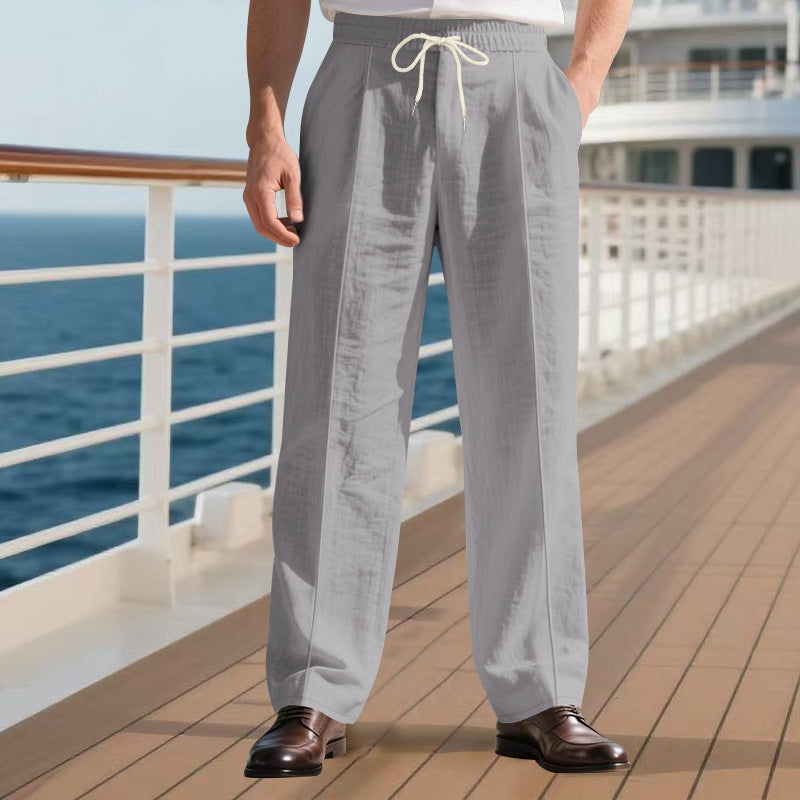 Herren nan legere Leinen-Bundfaltenhose mit elastischem Bund und Kordelzug