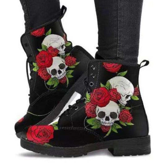 Damen Schnürstiefeletten mit kreativem Totenkopf-Design und robustem Profilsohle