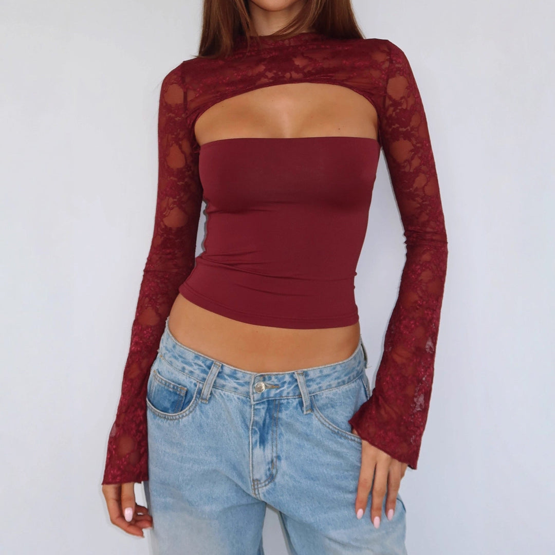 Damen Elegantes Oberteil mit transparenten Ärmeln und hochwertiger Spitze