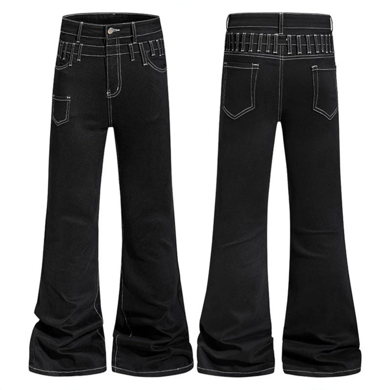 Damen hochgeschnittene Schlagjeans mit weitem Bein, Utility-Tasche und Kontrastnähten Shop Nory