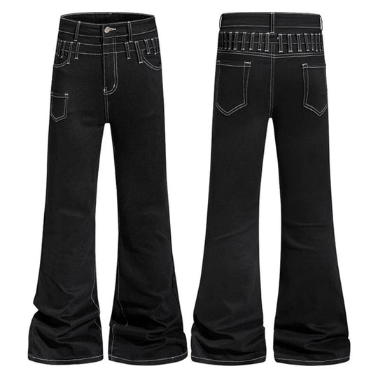 Damen hochgeschnittene Schlagjeans mit weitem Bein, Utility-Tasche und Kontrastnähten Shop Nory