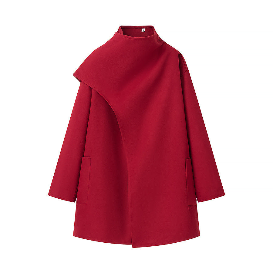 Damen Asymmetrischer Wollmix-Mantel mit Cape-Überwurf und Stehkragen Shop Nory