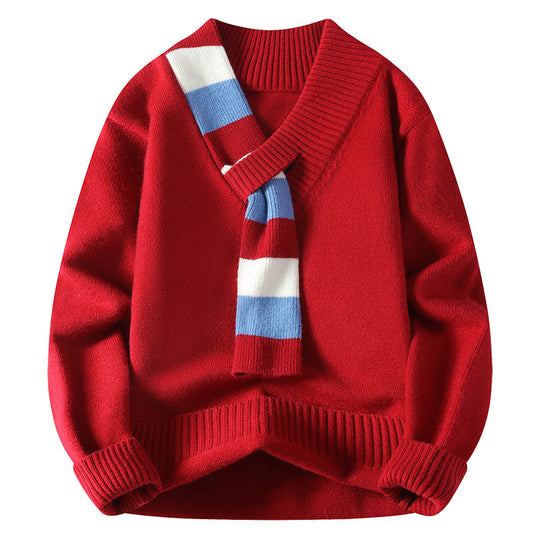 Herren V-Ausschnitt Strickpullover mit integriertem Kontraststreifen-Schal und gerippten Bündchen Shop Nory