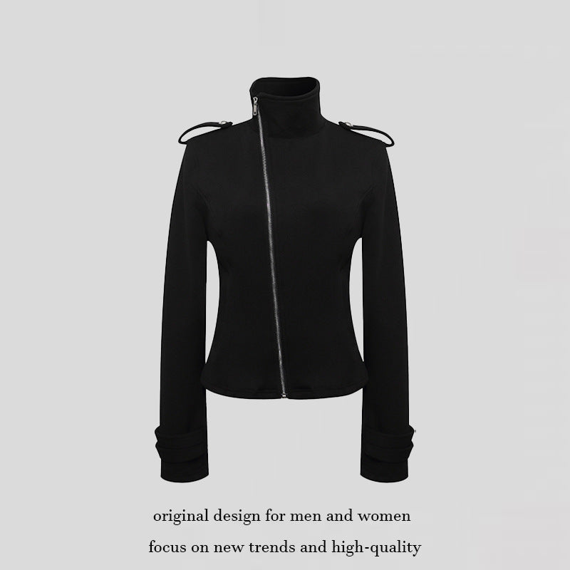 Damen Figurnahe Zip-Jacke mit Stehkragen, asymmetrischem Reißverschluss und Schulterklappen Shop Nory