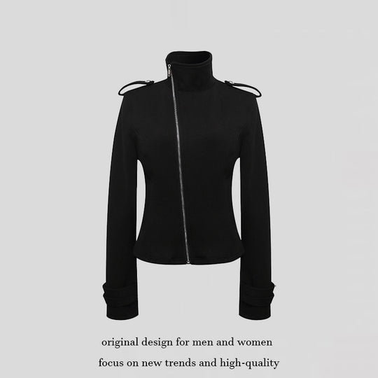 Damen Figurnahe Zip-Jacke mit Stehkragen, asymmetrischem Reißverschluss und Schulterklappen Shop Nory