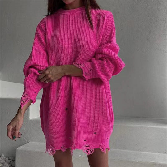Damen Oversize Grobstrick-Minikleid mit Destroy-Effekt und Rundhalsausschnitt Shop Nory