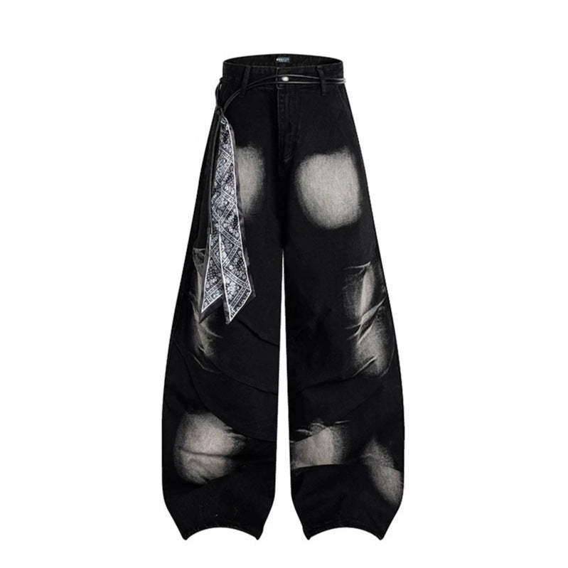 Damen Extraweite Distressed-Jeans im Baggy‑Schnitt mit Batik‑Wash und Tuchgürtel Shop Nory